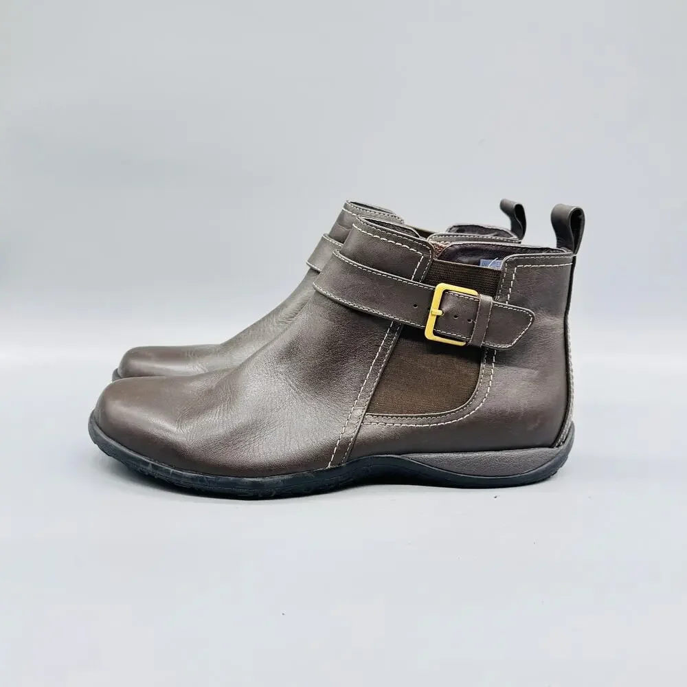Vionic Boots Womens 10 Brown Leather Adrie Ankle Zip Buckle Flat Booties Shoes